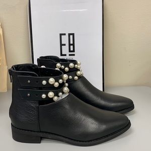 Black ankle booties with pearl accent